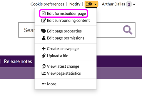 The SiteBuilder 'Edit' menu, with the 'Edit formsbuilder page' option highlighted