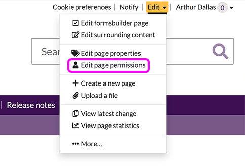 The SiteBuilder 'Edit' menu, with the 'Edit page permissions' option highlighted