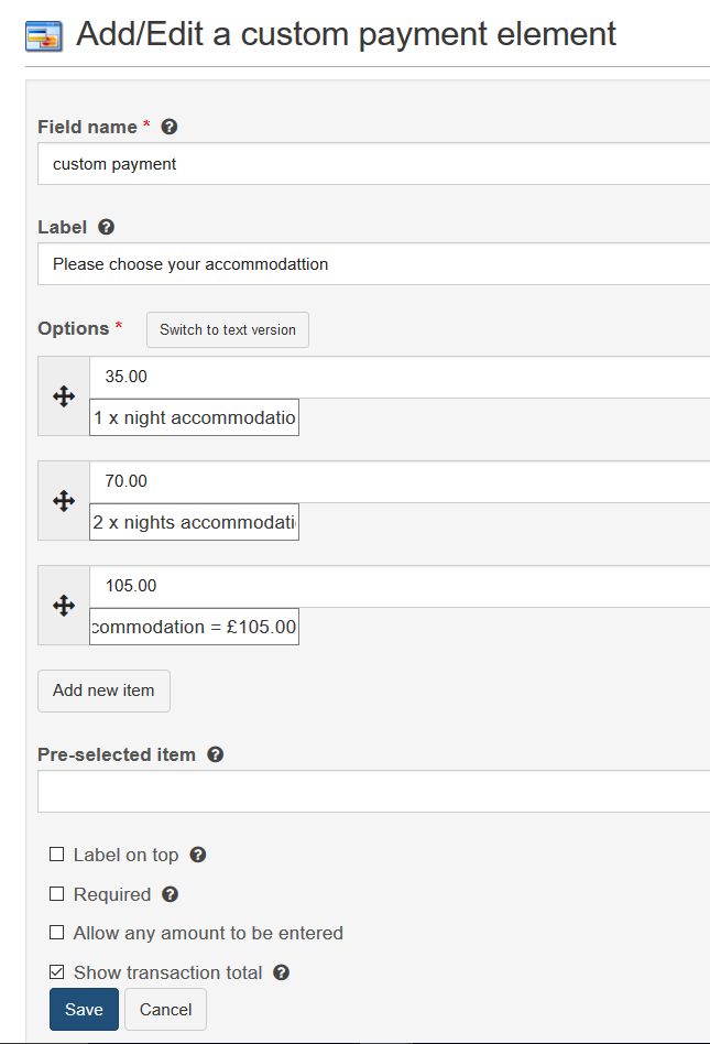 Add or edit a custom payment element form
