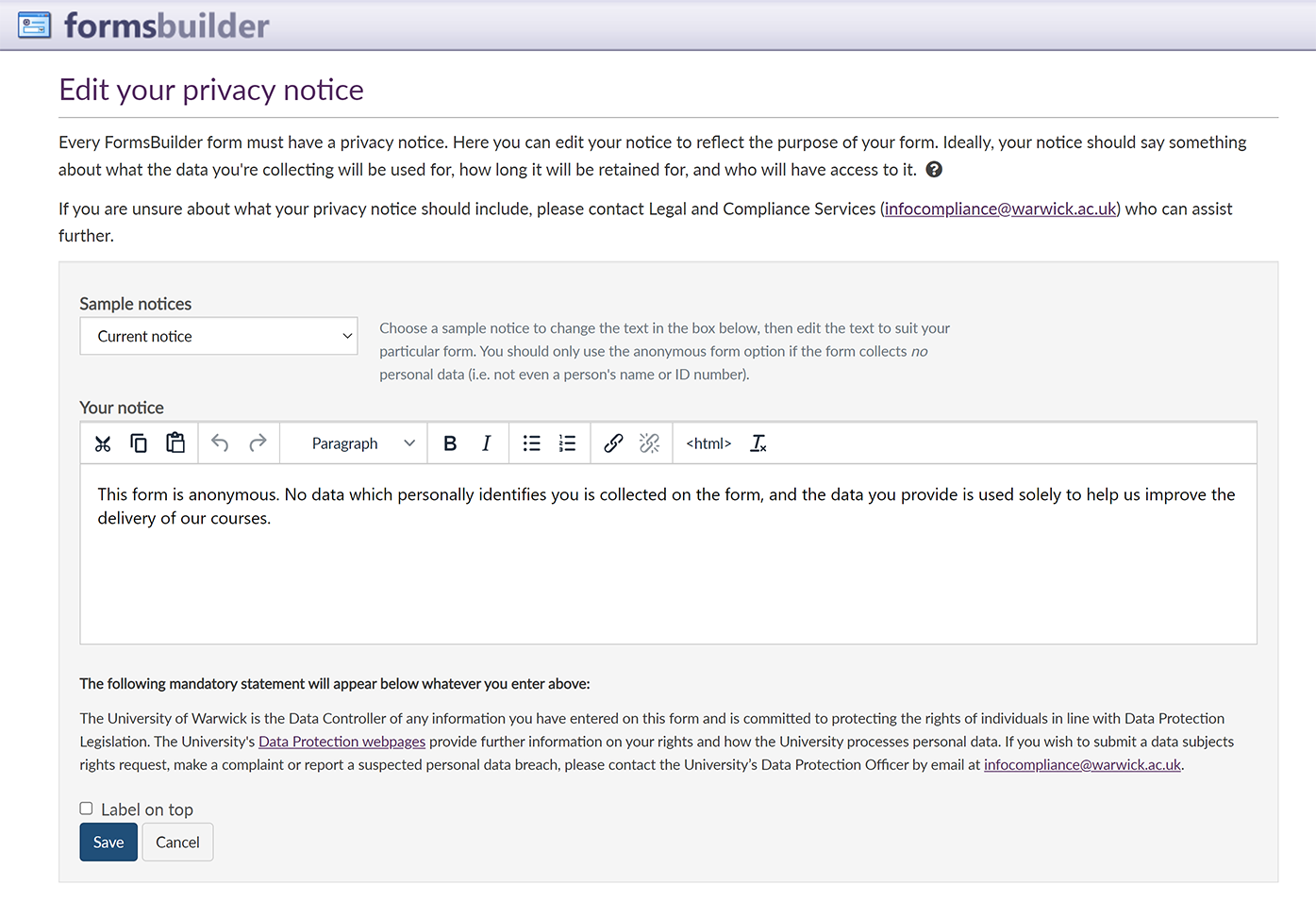 The 'Edit your privacy notice' screen