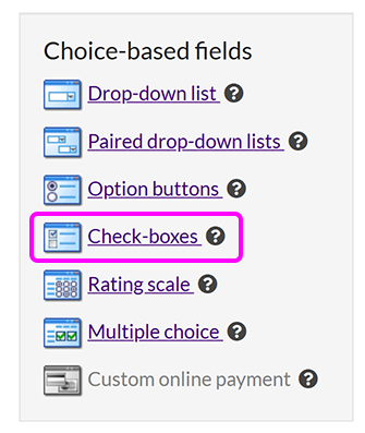 The 'Allow the user to make a choice' menu, with the 'Check-boxes' option highlighted