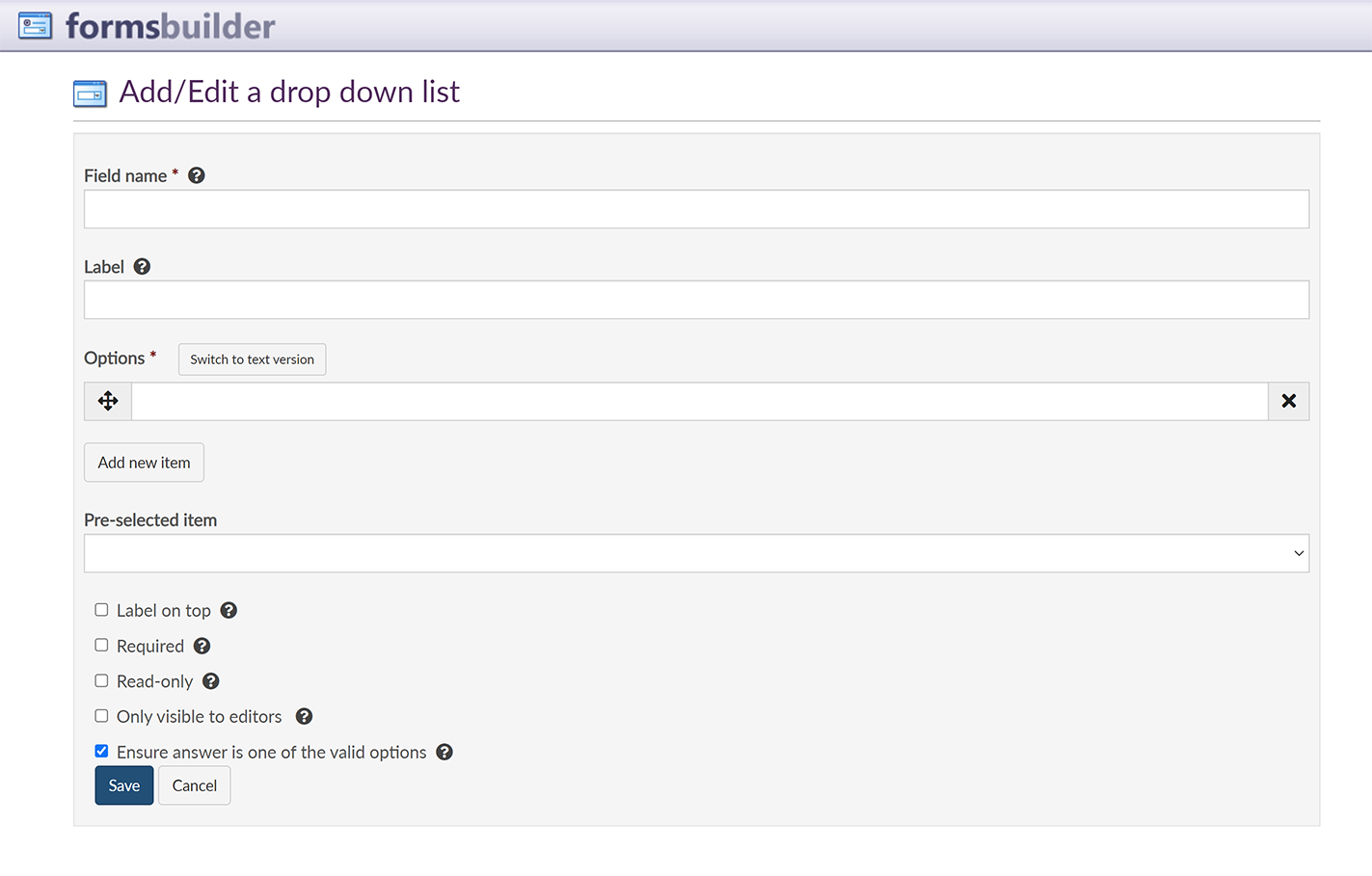 The 'Add/Edit a drop down list' screen