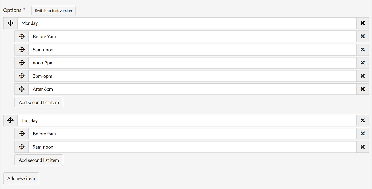 An in-progress set of paired drop-down lists with multiple primary and secondary values
