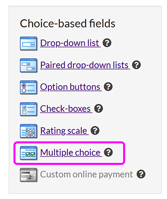 The 'Allow the user to make a choice' menu, with the 'Multiple choice' option highlighted