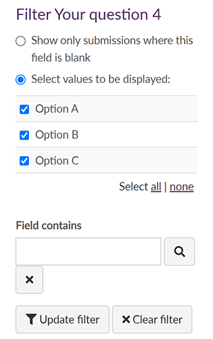 The 'Filter question' pop-up