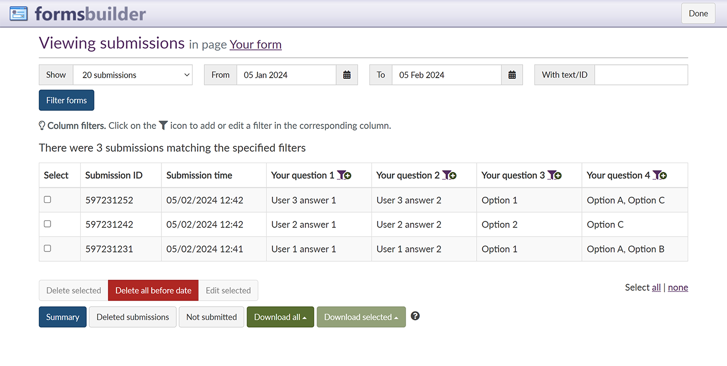 The 'Viewing submissions' page