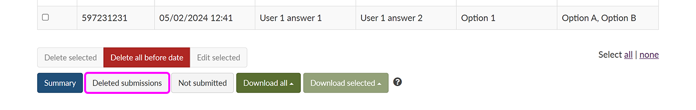 The bottom of the 'Viewing submissions' page, with the 'Deleted submissions' button highlighted