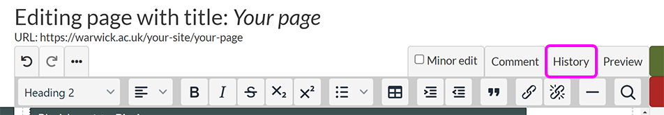 The top of a Components Editor page, with the 'History' button highlighted