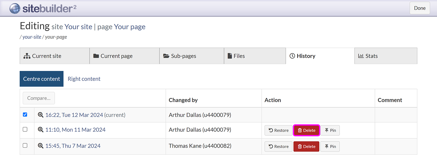 The 'History' tab, with the 'delete' button for a previous version highlighted