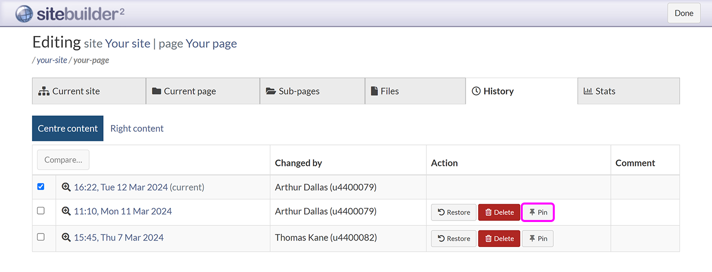 The 'History' tab, with the 'pin' button for a previous version highlighted