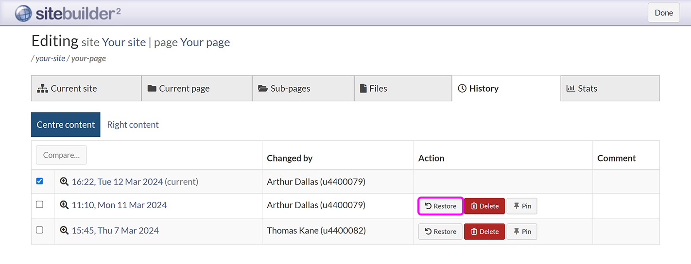 The 'History' tab, with the 'Restore' button for a previous version highlighted