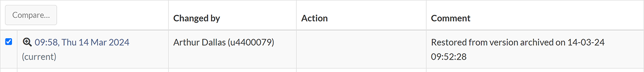 The comment for a restored version on the 'History' page