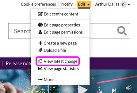 The SiteBuilder 'Edit' menu, with the 'View latest changes' option highlighted
