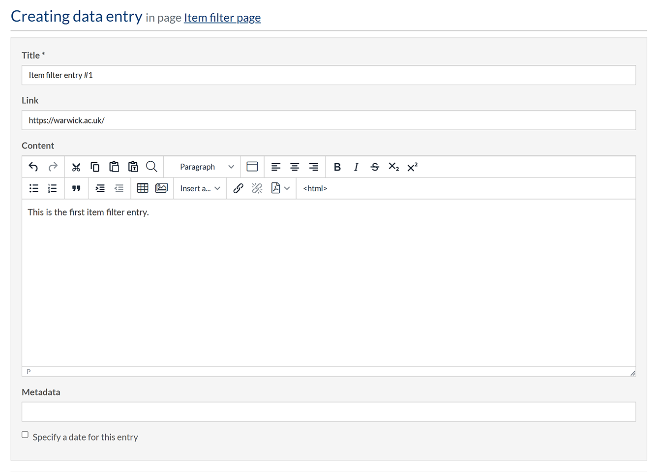 The 'Creating data entry' form