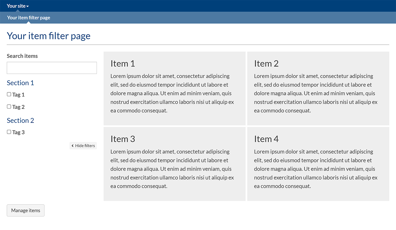 An example item filter page, showing sample items, tags, and tag sections