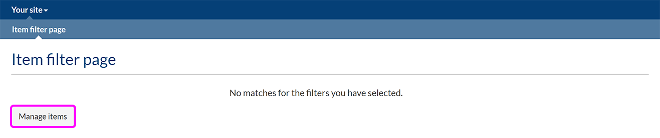 A new blank Item filter page, with the 'Manage items' button highlighted