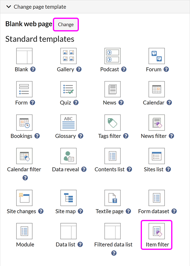 The 'New page' screen, showing the available template options with 'Item filter' highlighted