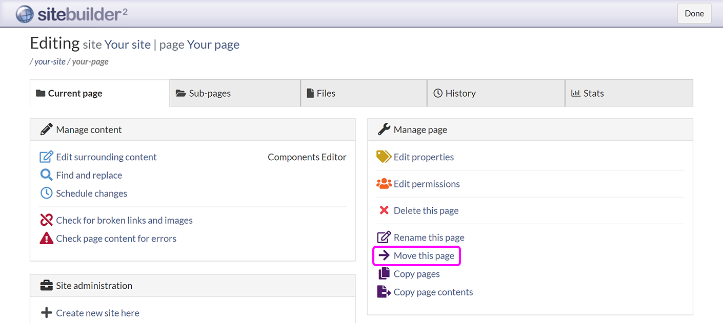 The 'Current page' tab, with the 'Move this page' link highlighted