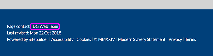 The footer of a SiteBuilder page, with the page contact link highlighted
