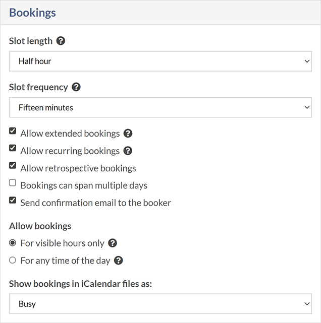 The 'Bookings' section of the Resource settings screen