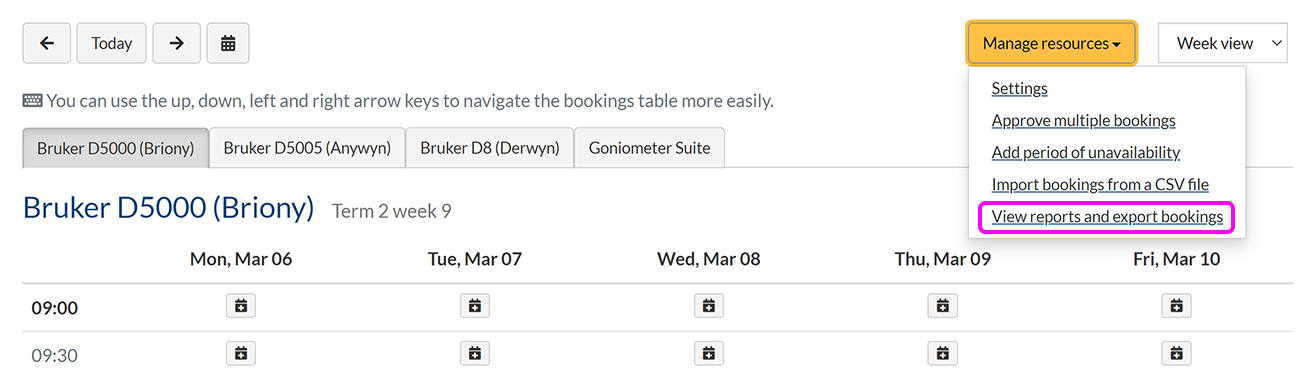 The 'Manage resources' menu with the 'View reports and export bookings' option highlighted