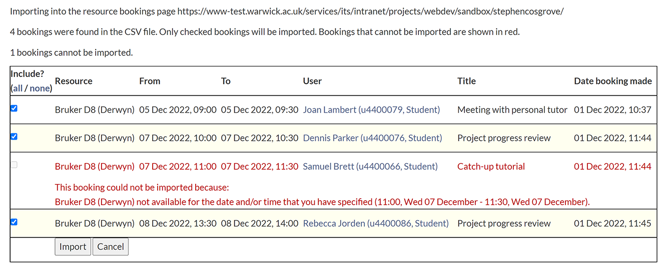 Preview of booking data before import