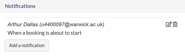 The 'Notifications' section of the Resource Bookings page settings, with an active notification displayed