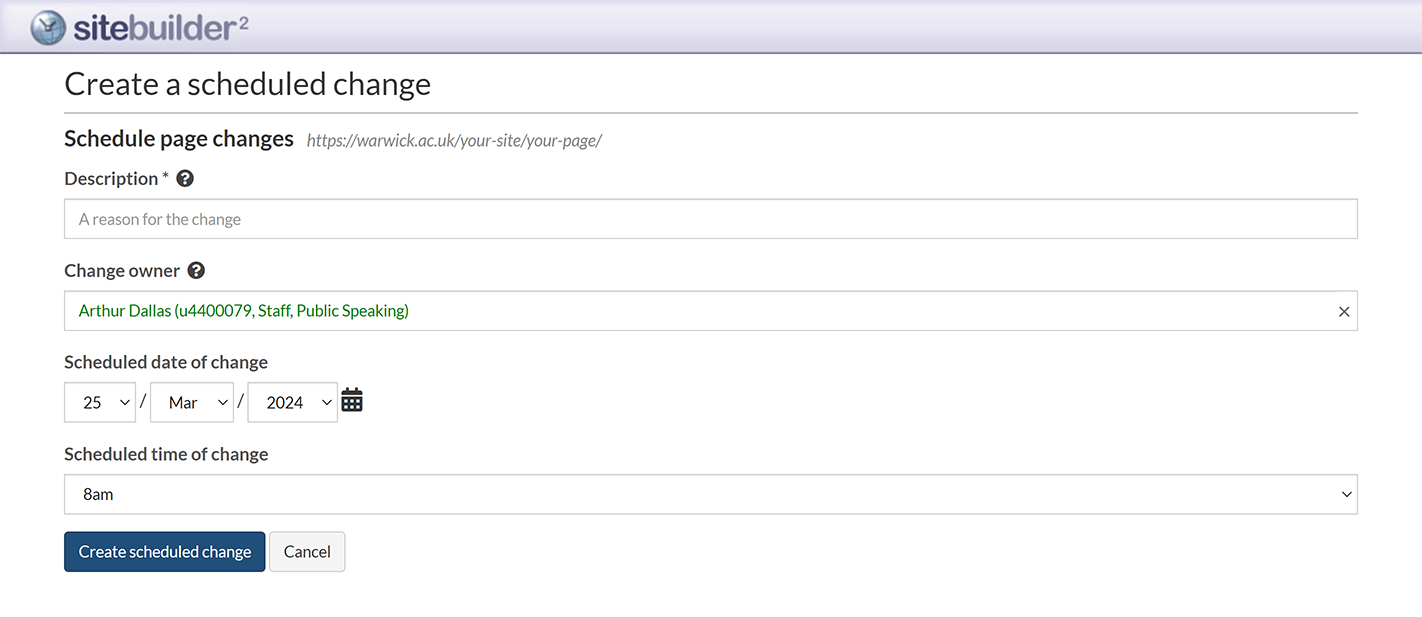 The 'Create a scheduled change' screen