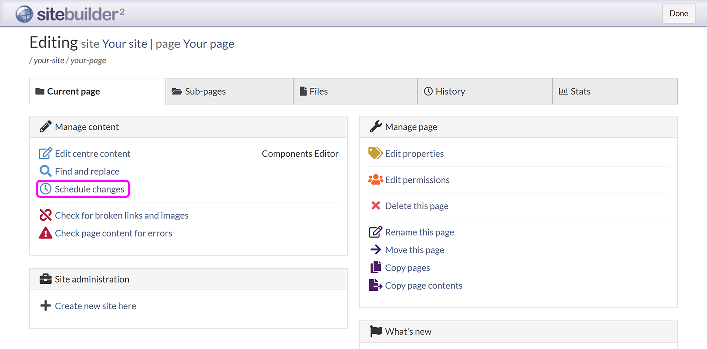 The 'Current page' screen, with the 'Schedule changes' link highlighted