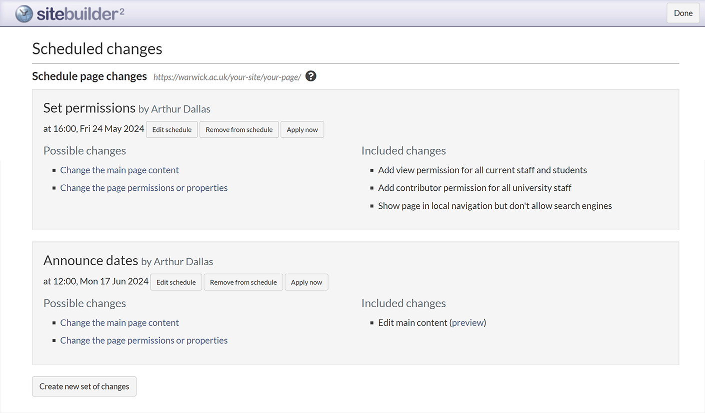 The 'Scheduled changes' screen