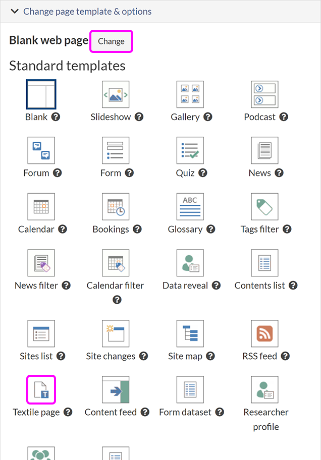 The classic editor template list, with the 'Change' button and 'Textile page' template highlighted