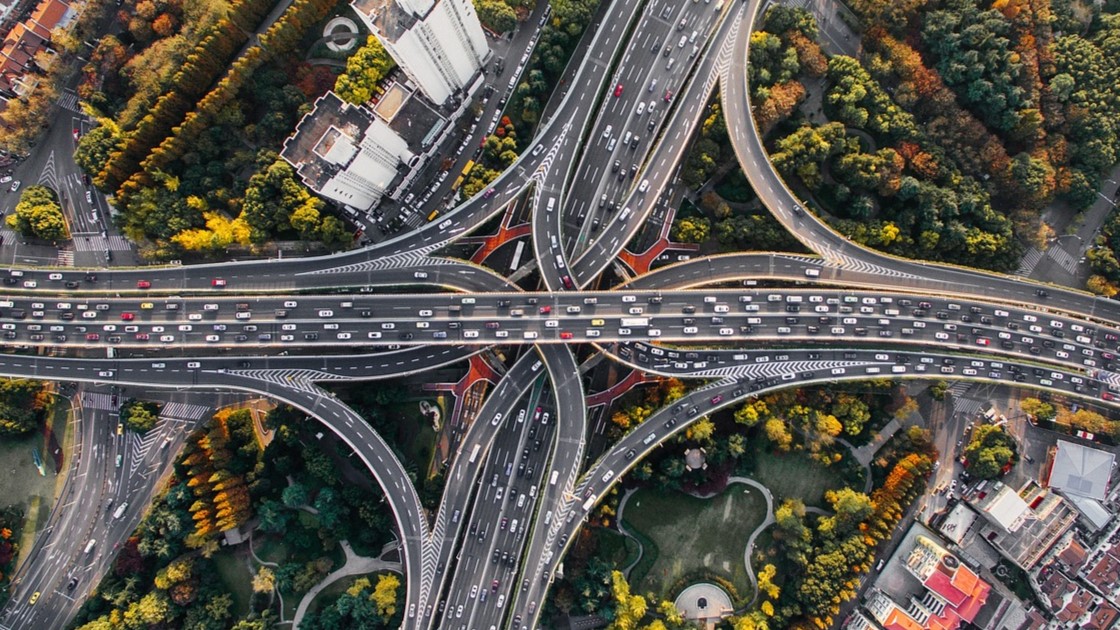 Zoomed out image of multiple highways and motorways crossing