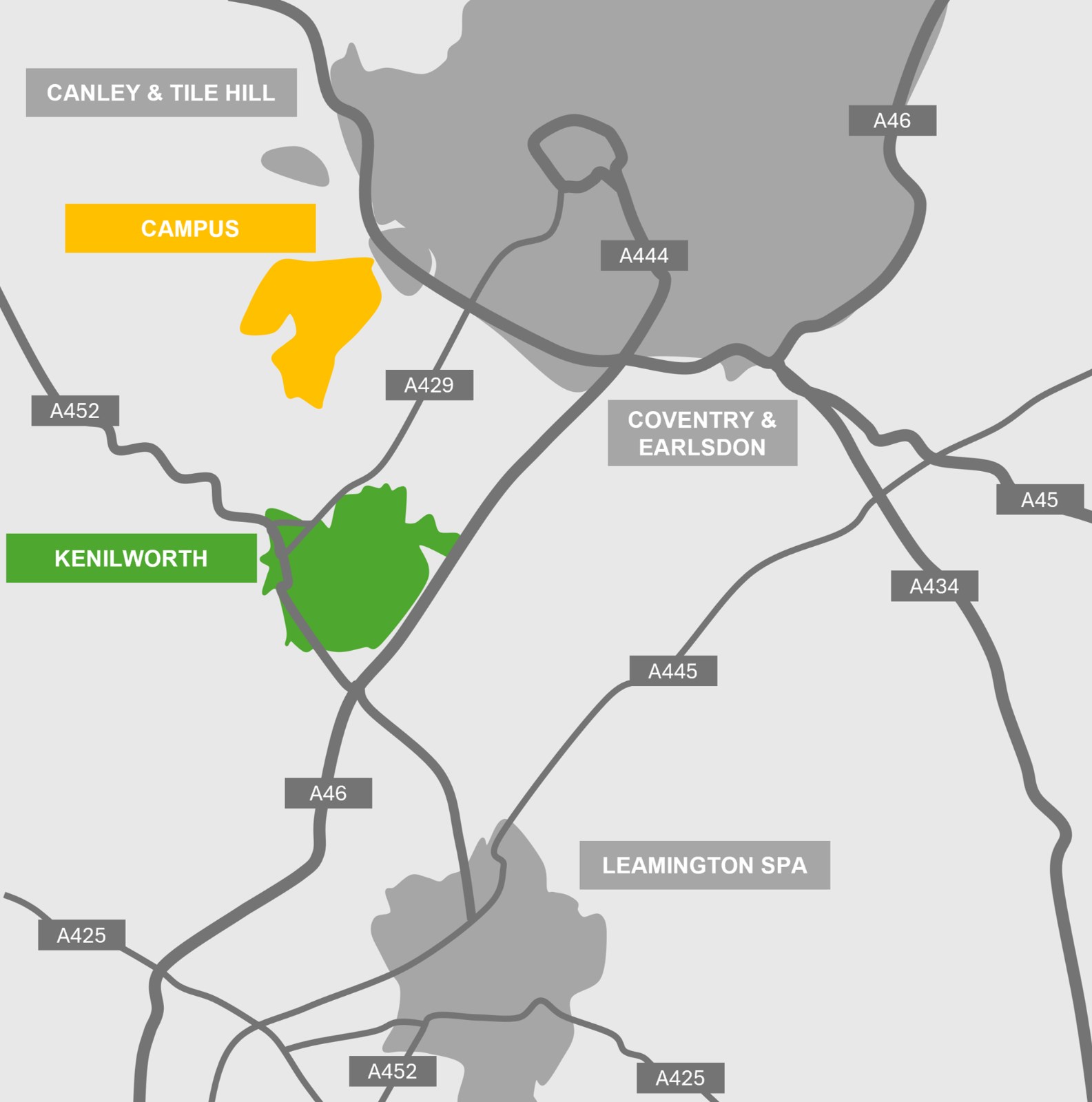 Map of local areas to reside in surrounding Warwick campus, with Kenilworth outlined in green and campus outlined in yellow