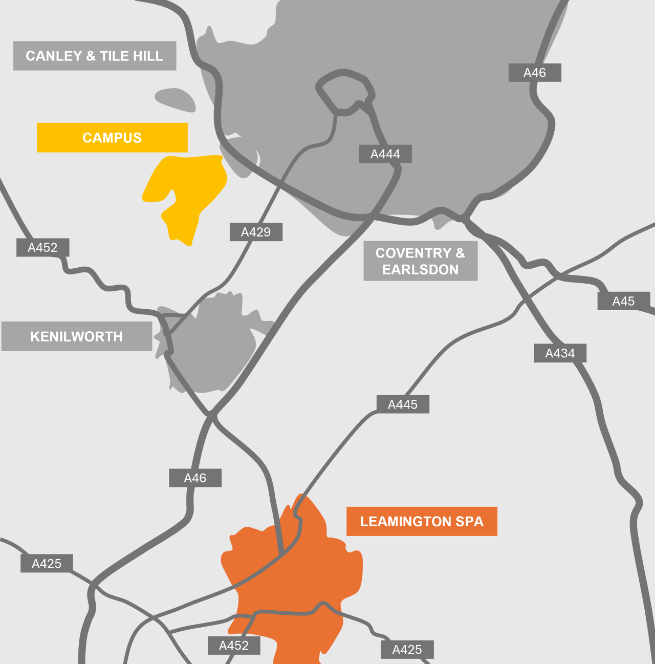 Map of local areas to reside in surrounding Warwick campus, with Leamington outlined in orange and campus outlined in yellow