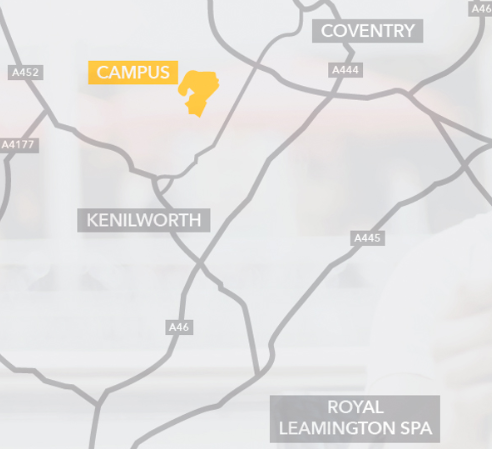 A minamilist map of the local area, with the A46, A445, A4177, A452 and A444 roads in grey and markers showing Coventry, Kenilworth, Royal Leamington Spa all in grey. Campus is shown on the map in a birhgt yellow on the top right corner, with Kenilwroth just below it, coventry above and to the right, and royal leamington spa in the lower right corner