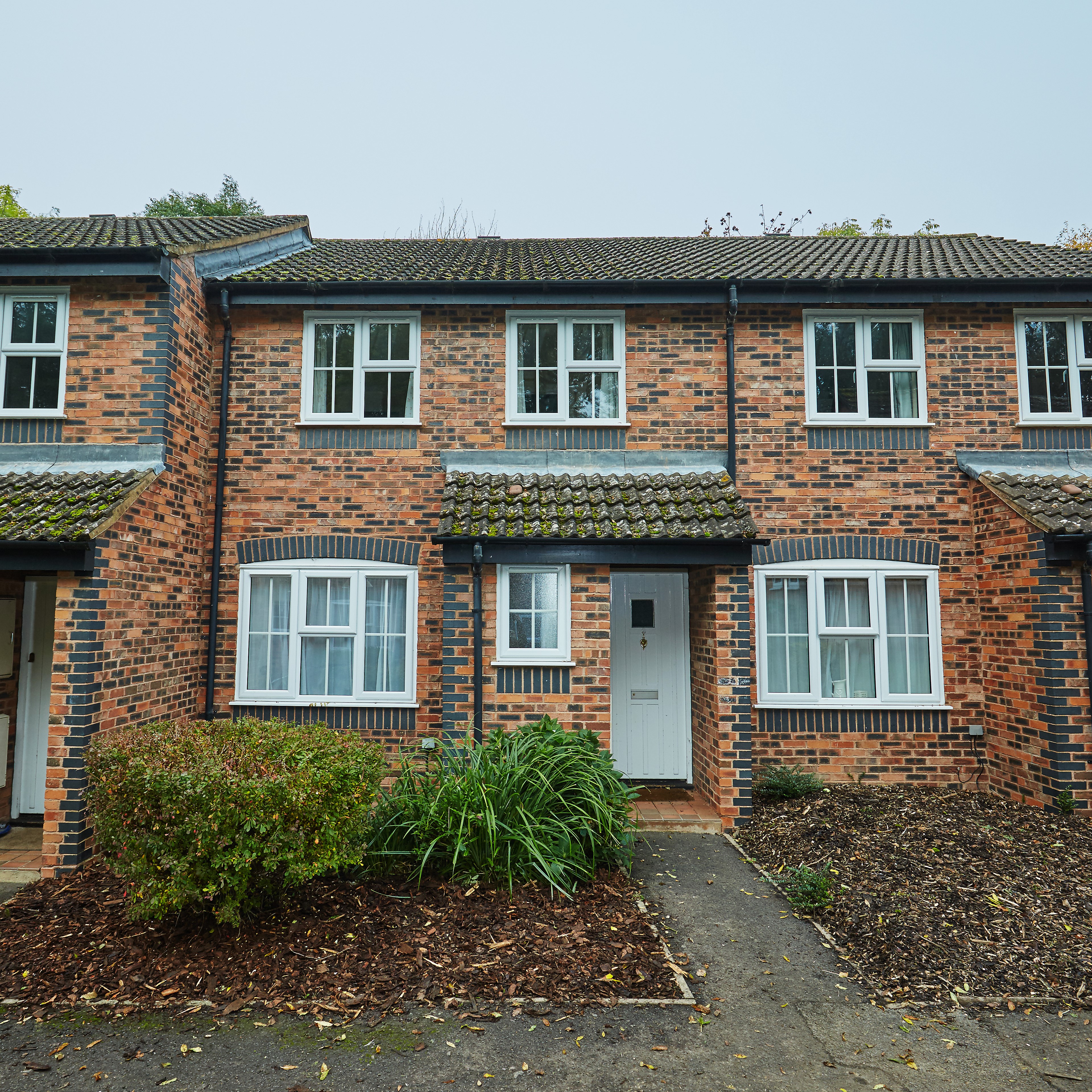 Image of terraced houses with a small front garden and path leading up to the white door