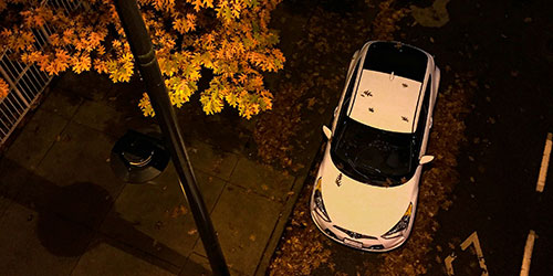 A car parked on the street under an autumn tree