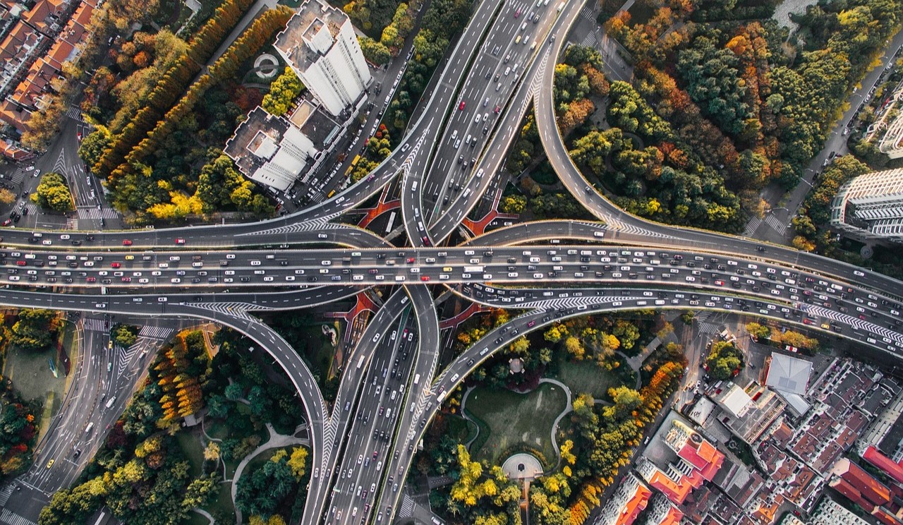Zoomed out image of multiple highways and motorways crossing