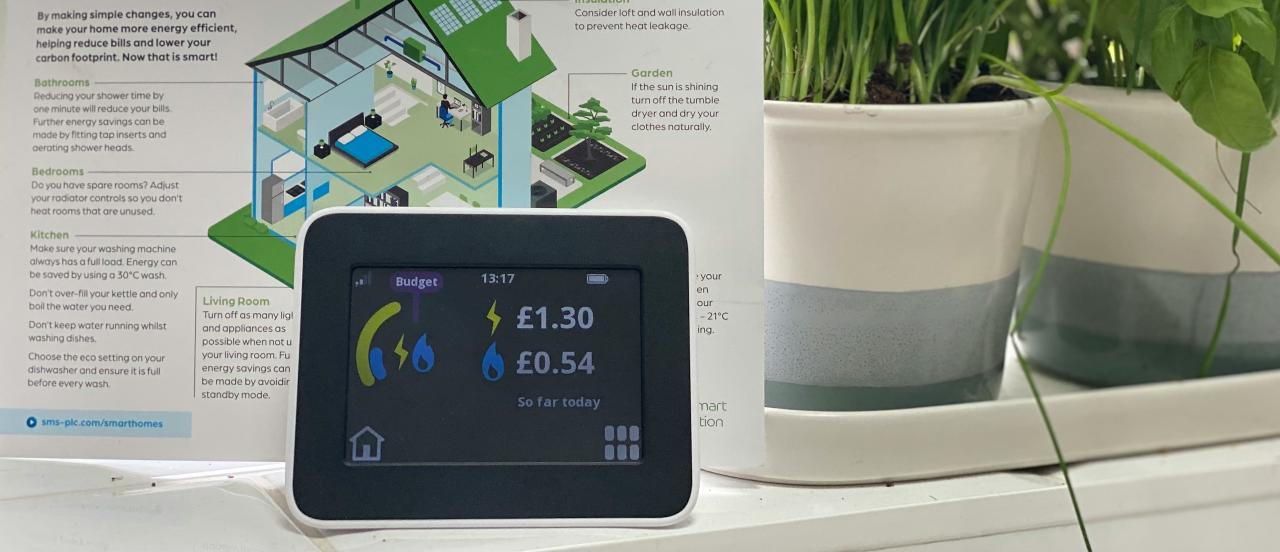 Image of a in-home smart gas and electricity meter, on a white counter with some potted plants and a diagram of a house in the background.