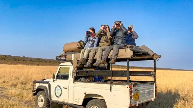 Lottie Mills and others sitting on a truck and looking through binoculars in a field in Zimbabwe