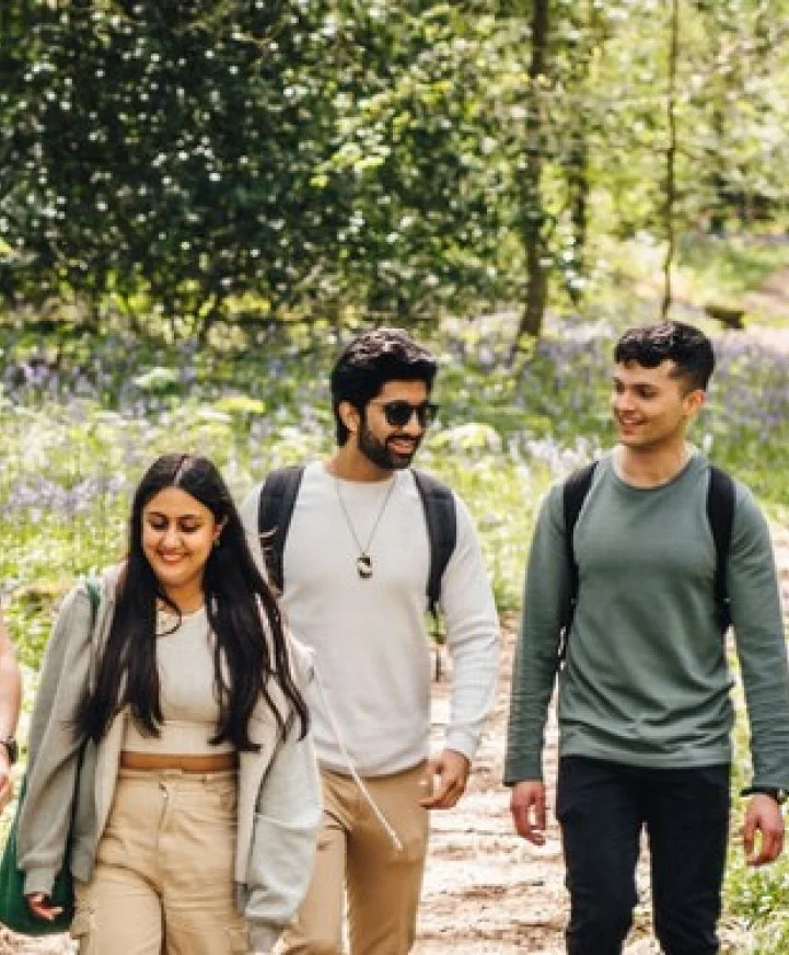 A group of students walking through a wooded area.