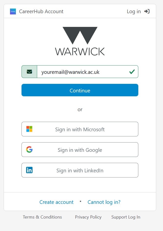 The CareerHub Account Registration Box