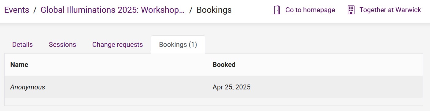 A screenshot showing the bookings panel in myAdvantage