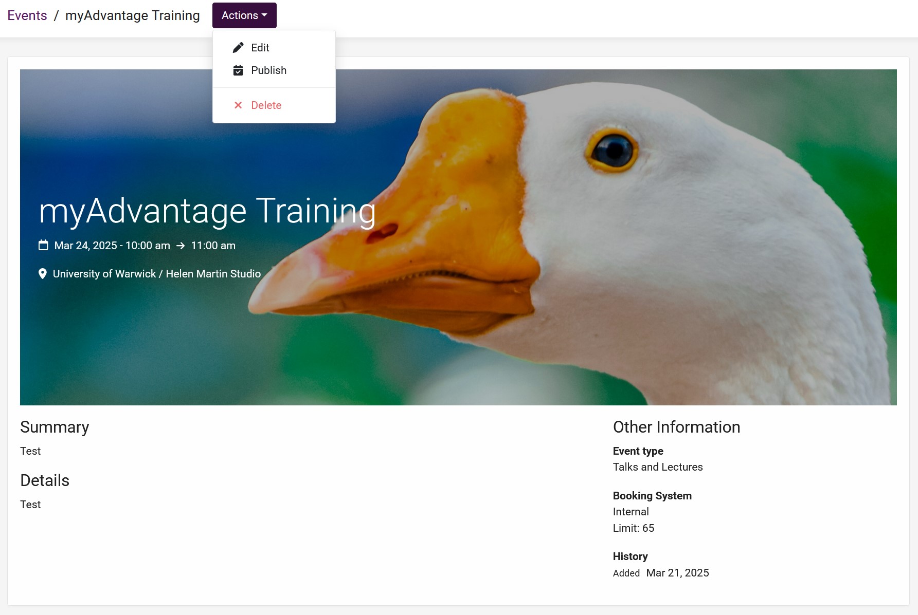 A screenshot of a draft event. The event is called myAdvantage Training and a photo of a goose features prominently.