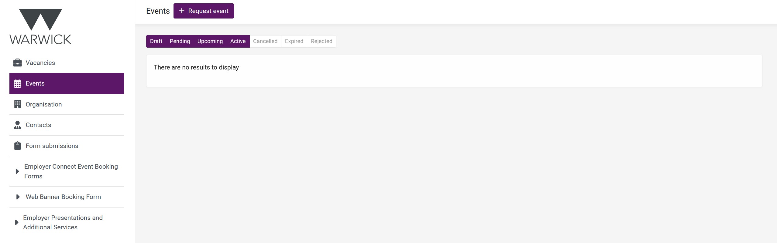 A screenshot of the Organisation Portal, highlighting the Events section.