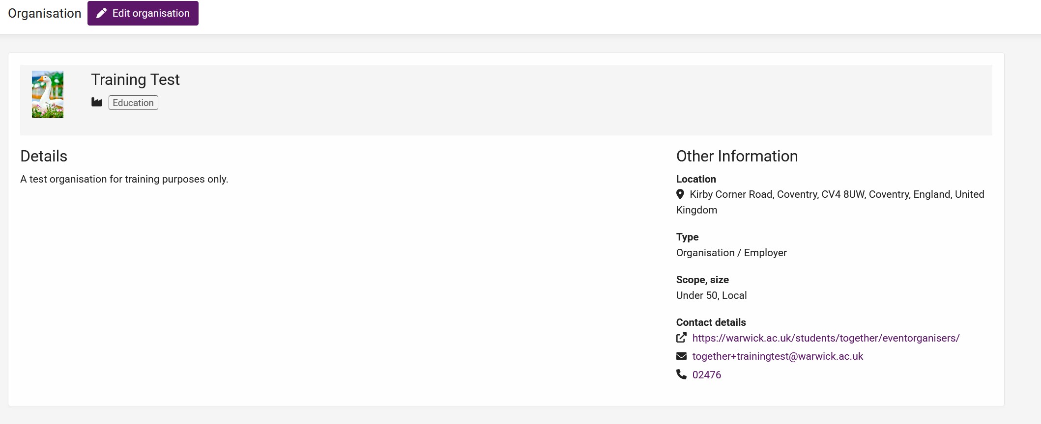 A screenshot of a test organisation page in the organisation portal