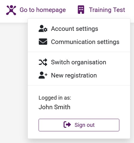 A screenshot of the account management options in the organisation portal