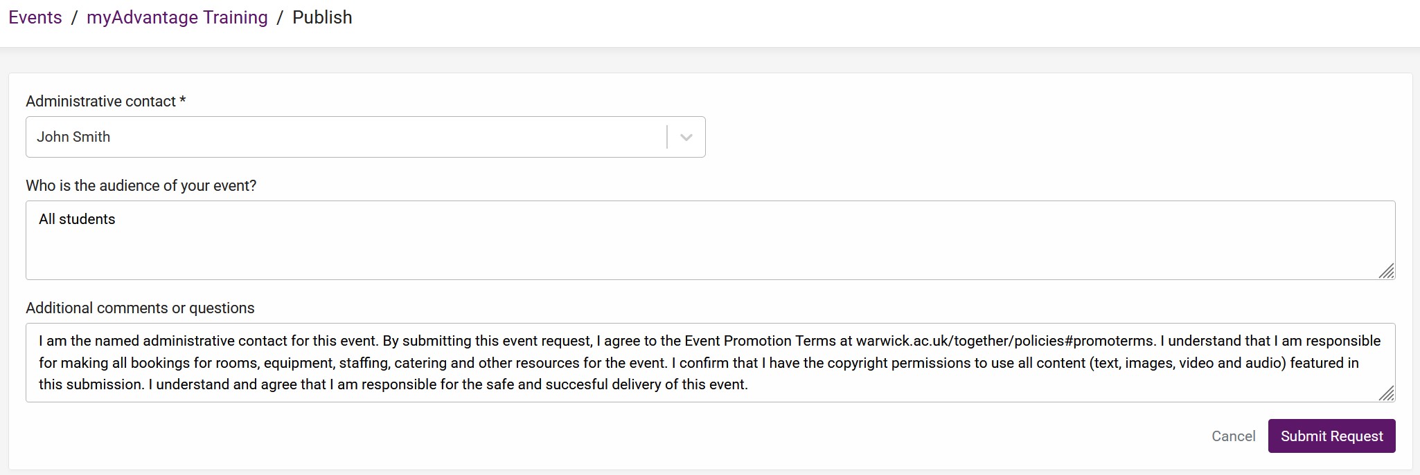 A screenshot of the event request publish screen, including the declaration in the correct place.