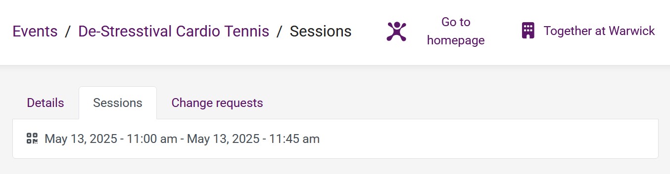 A screenshot of the sessions list of an approved event in the organisation portal