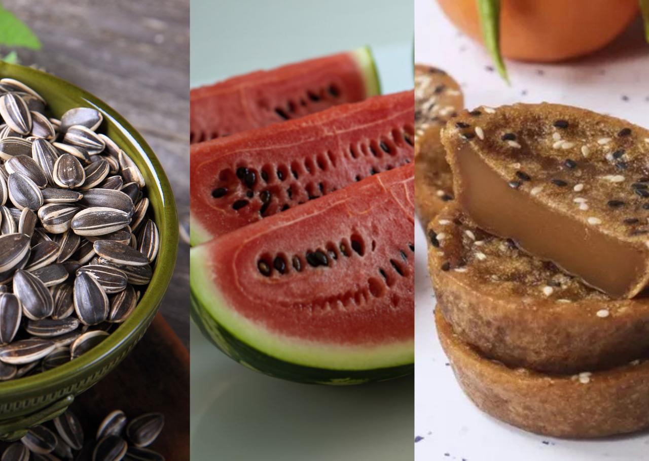 A collage of photos of snacks including; traditional rice cakes, watermelon slices and sunflower seeds. 